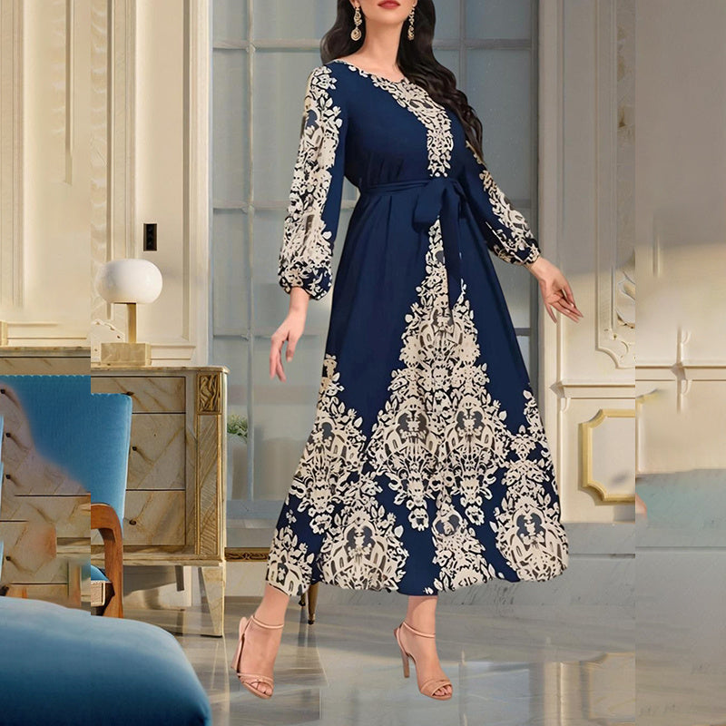 Women's Bohemian Floral Print Dress Ethnic Middle Eastern Style Long Sleeve Tiered Maxi Dress With Drawstring Waist