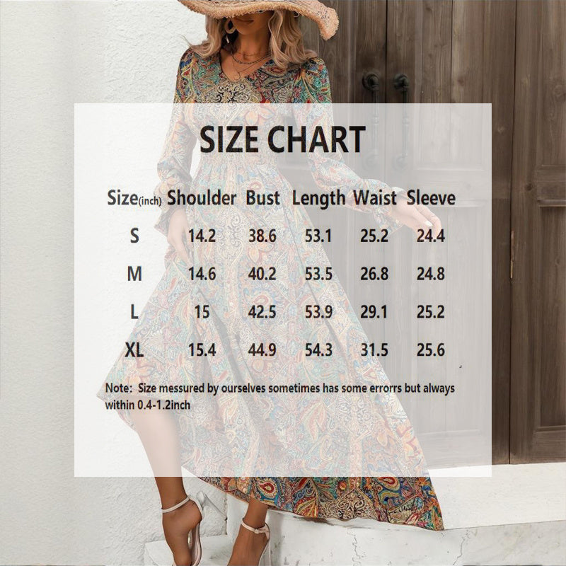 Women's V-Neck Retro Geometric Print Flounce Sleeve Dress - A-Line Maxi Dress With Smocked Waist For Spring&Summer
