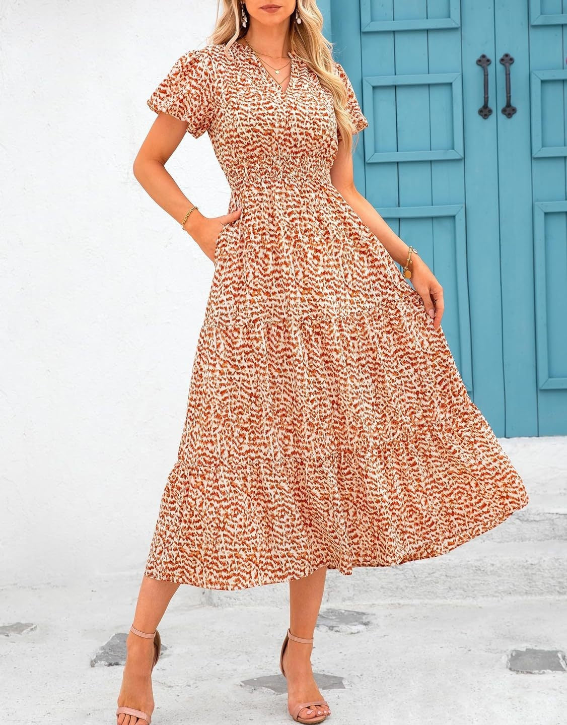 Women's V-neck Bubble Pleated Print Short Sleeve Dress