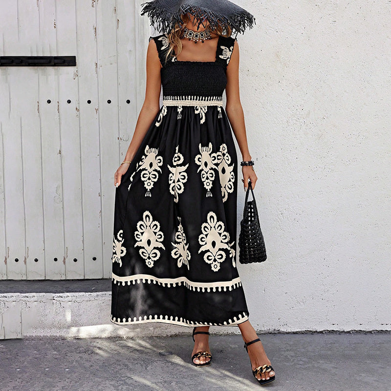 Women's Wide Strap Printed Maxi Dress With Bust Pleats, A-Line Vacation Dress