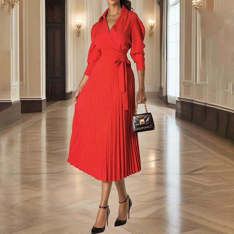 Women's Cross V-Neck Lapel Solid Color Long Sleeve Pleated Maxi Dress With Tie Waist Casual & Formal Dress For Spring & Fall