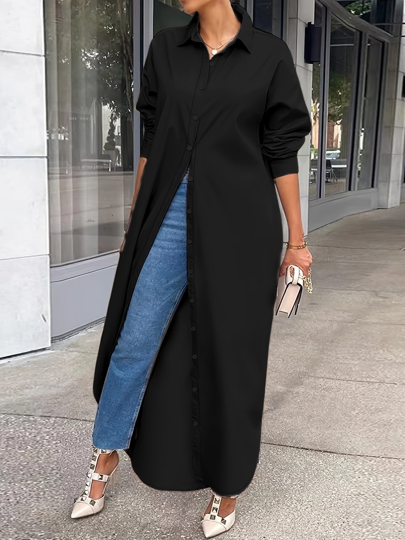 Women's Solid Button Design Longline Shirt, Casual Long Sleeve Outerwear For Daily Wear, Ladies Clothes For All Seasons, Top