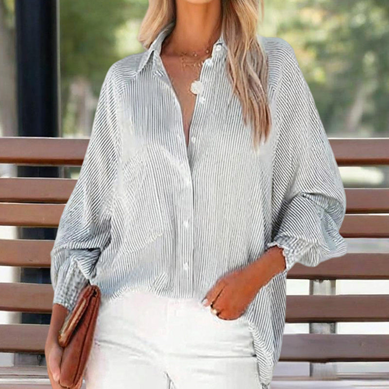 Women's Casual Striped Long Sleeve Shirt With Button-Down Collar & Knit Cuff Detail - Classic Spring&Fall Blouse