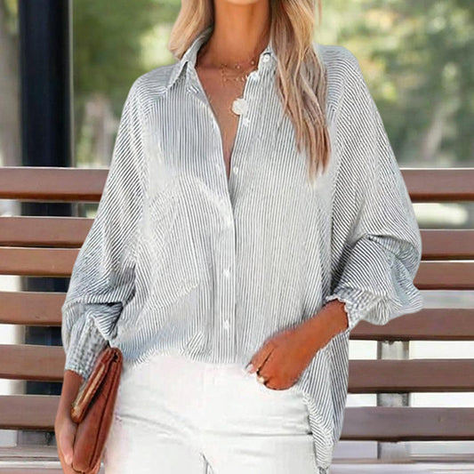 Women's Casual Striped Long Sleeve Shirt With Button-Down Collar & Knit Cuff Detail - Classic Spring&Fall Blouse