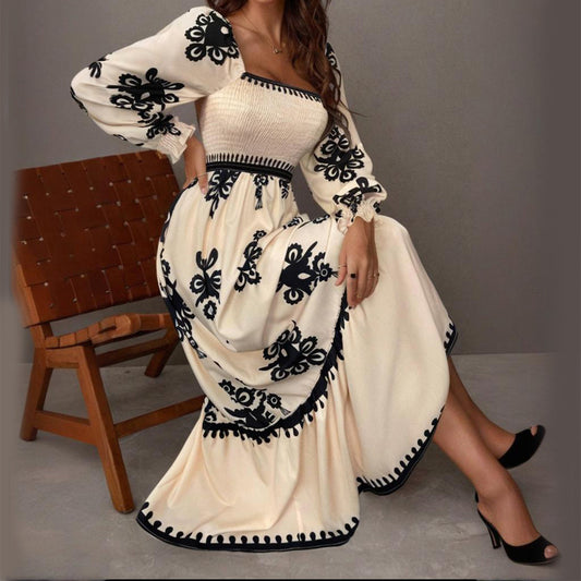 Elegant Women's Retro Geometric Print Lantern Sleeve Dress - Square Neck A-Line With Elastic Cuffs, Casual & Formal Dress