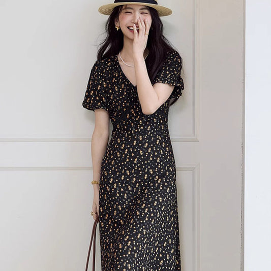 French Elegant Waist Slimming V-neckline Chiffon Dress Women