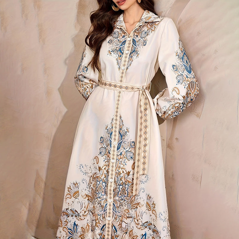 Women's Elegant Casual Knee-Length Dress - Drawstring Long Sleeves, Middle Eastern Lapel Print Adjust Tie Waist Belt Vacation & Party Dress
