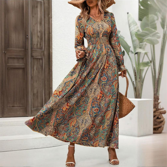 Women's V-Neck Retro Geometric Print Flounce Sleeve Dress - A-Line Maxi Dress With Smocked Waist For Spring&Summer