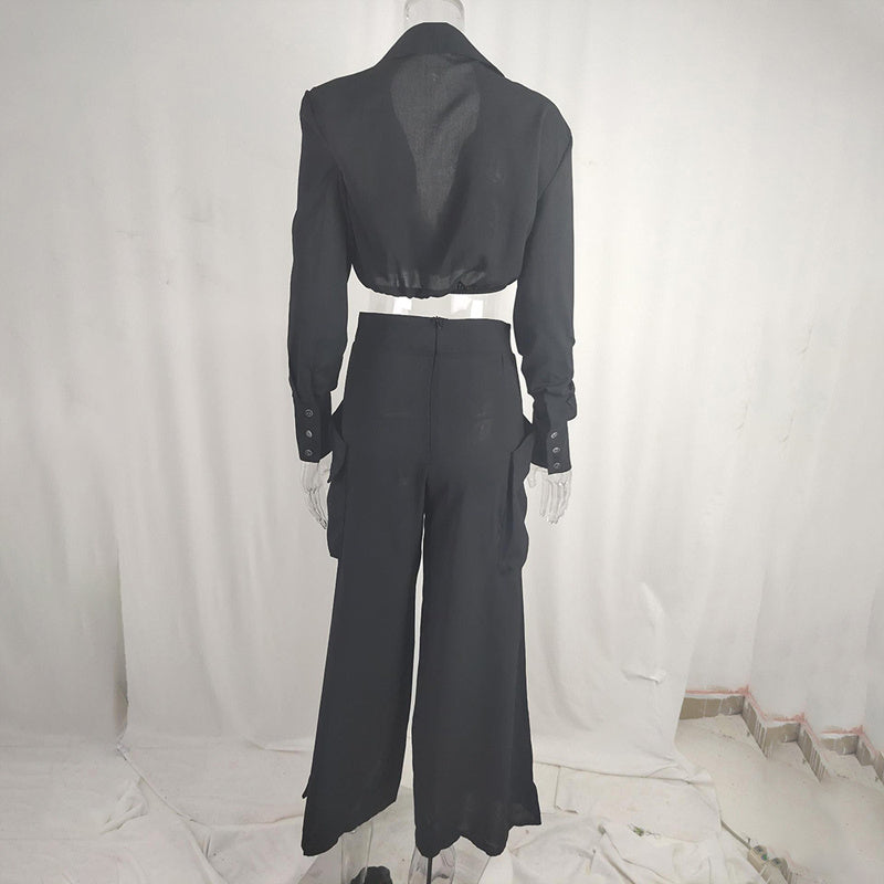 Women's Plus Size Elegant Pant Set - Crisscross Detail Top & Wide Leg Pants With Pockets Office & Casual Outfit