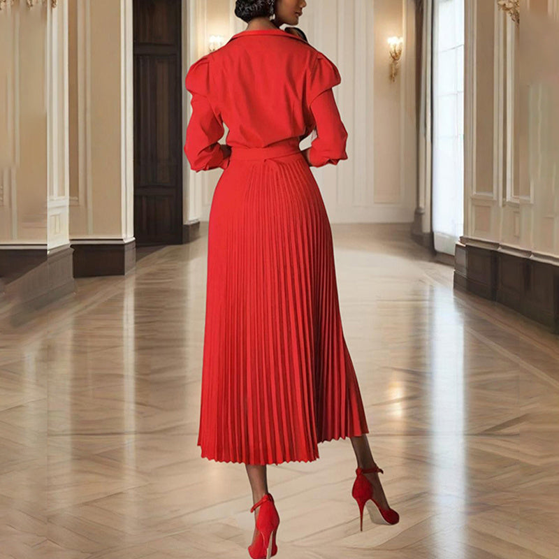 Women's Cross V-Neck Lapel Solid Color Long Sleeve Pleated Maxi Dress With Tie Waist Casual & Formal Dress For Spring & Fall