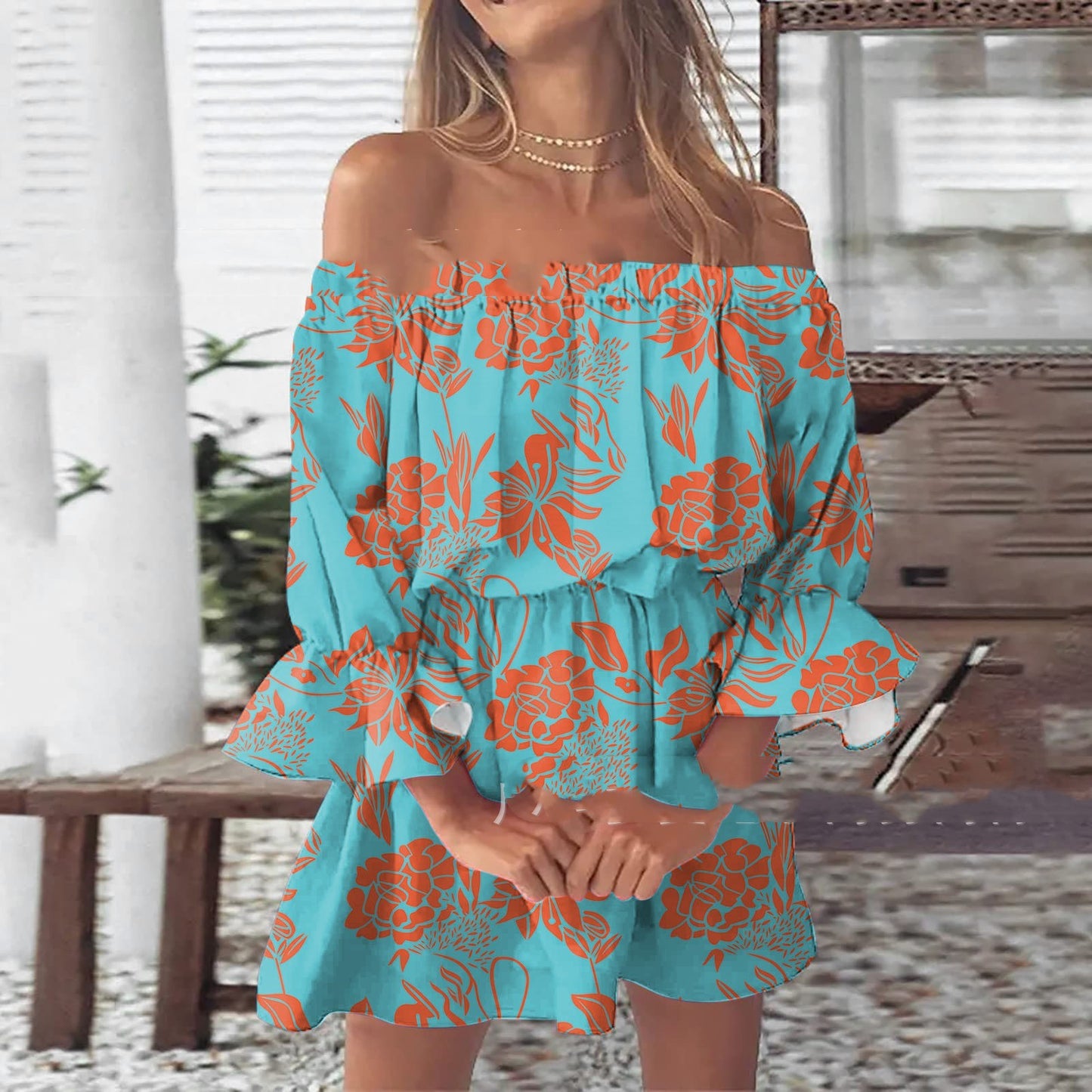 Off-shoulder Pleated Skirt Printing