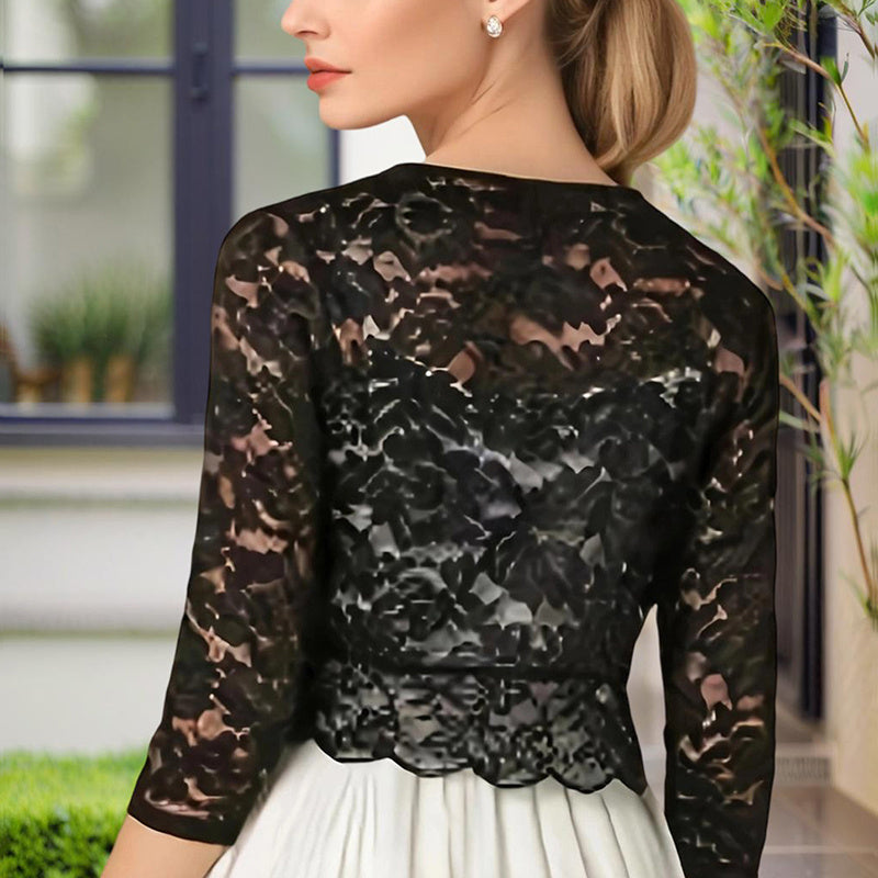 Women's Solid Color Cropped Lace Cardigan - Summer Fashion Medium-Long Sleeve Open Front Top