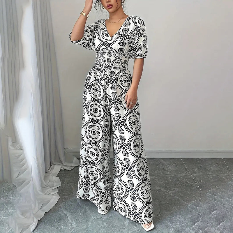 Womens Jumpsuits Short Sleeve V Neck Smocked Dressy Casual Wide Leg Pants Romper 2025 Summer One Piece Outfits