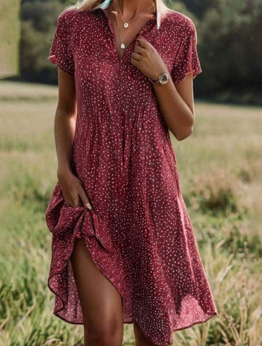 Summer Polka Dot Print Dress Fashion Casual V-Neck Short Sleeve Dresses Beach Daily Clothing For Women