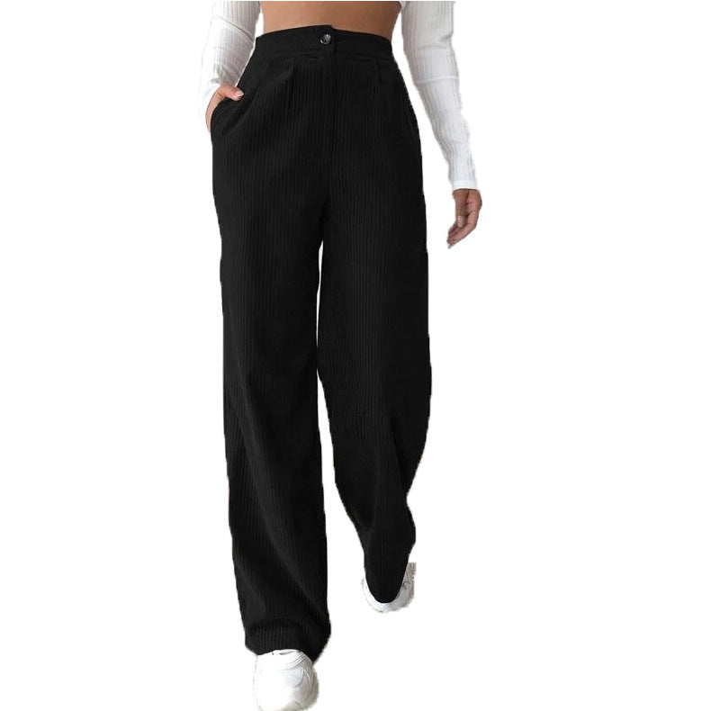 Women's High Waist Casual Pants Solid Color Corduroy Baggy Straight Trousers