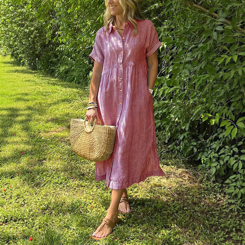 Loose Striped Short Sleeve Casual Cotton And Linen Dress