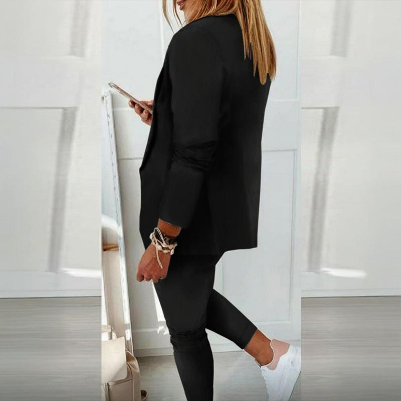 Women's Solid Color Long Sleeve Suit Set - Stylish Notch Lapel Blazer With Pockets & Drawstring Waist Pants, Spring&Fall Business Casual Outfit