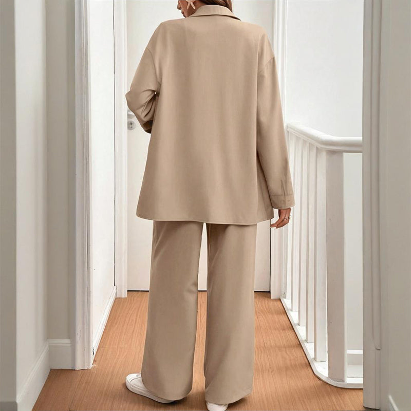 Women's Solid Color Shirt & Pants Set - Long Sleeve Button-Down Top With Elastic Waist Straight Pants Minimalist Casual Outfit