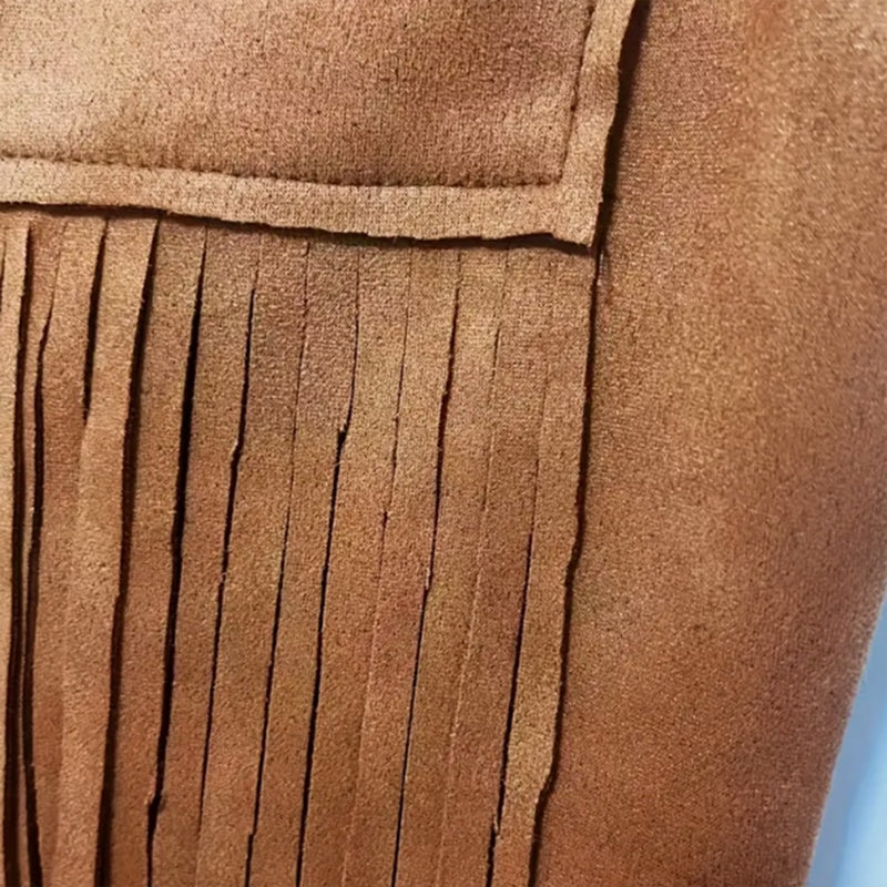 Women's Vintage Western Fringe Jumpsuit - Brown Sleeveless Romper With Fringe & Zip Details, High Waist Wide Leg Boho Chic All-Season Outfit