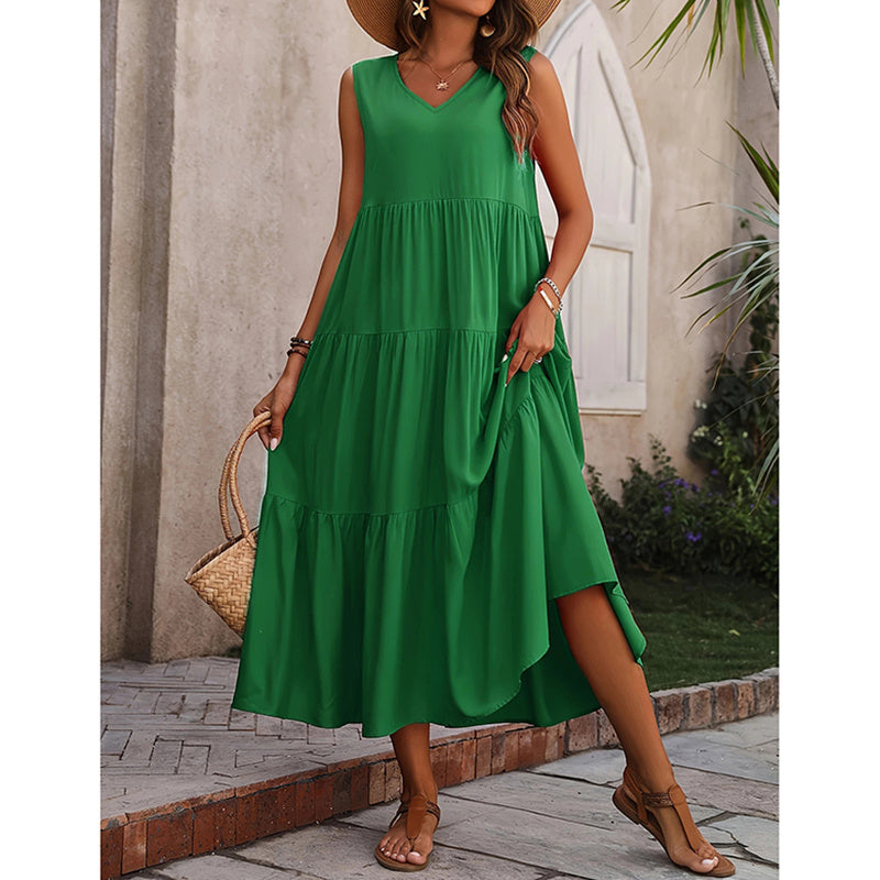 Women's Summer Casual Sleeveless V Neck Swing Dress Flowy Tiered Maxi Beach Dress