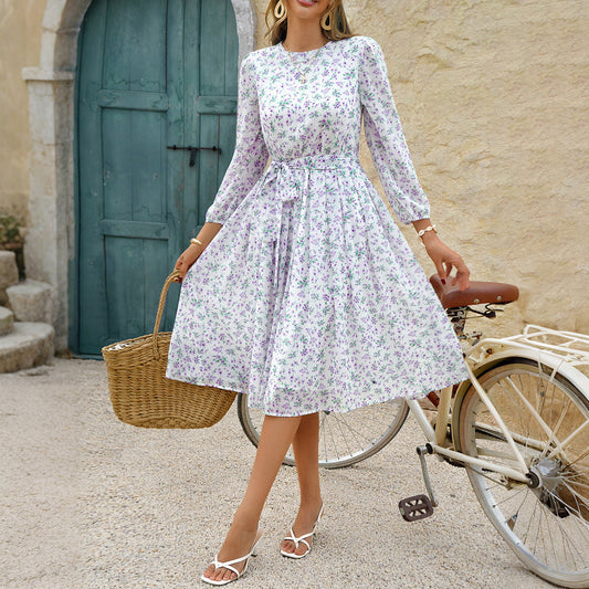European And American Leisure Vacation Style Polka Dot Long Sleeve Maxi Dress