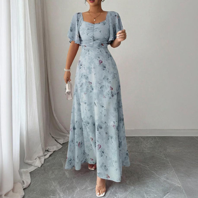 Women's Solid Color Square Neck Short Sleeve Butterfly Print Flowy Dress A-Line Summer Vacation Maxi Dress