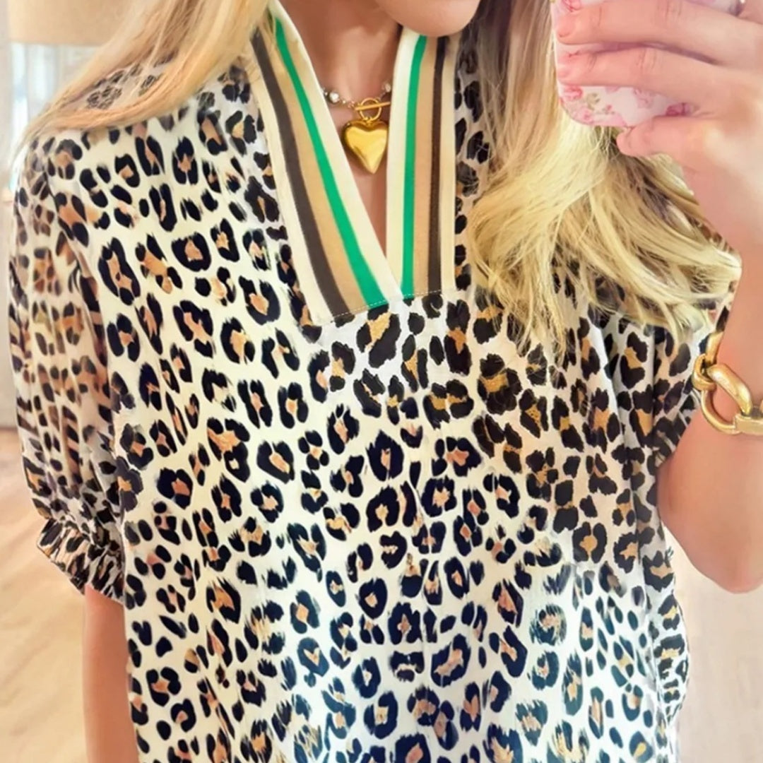 Female Leopard Print Contrasting Stripes V-neck Short Sleeved Shirt