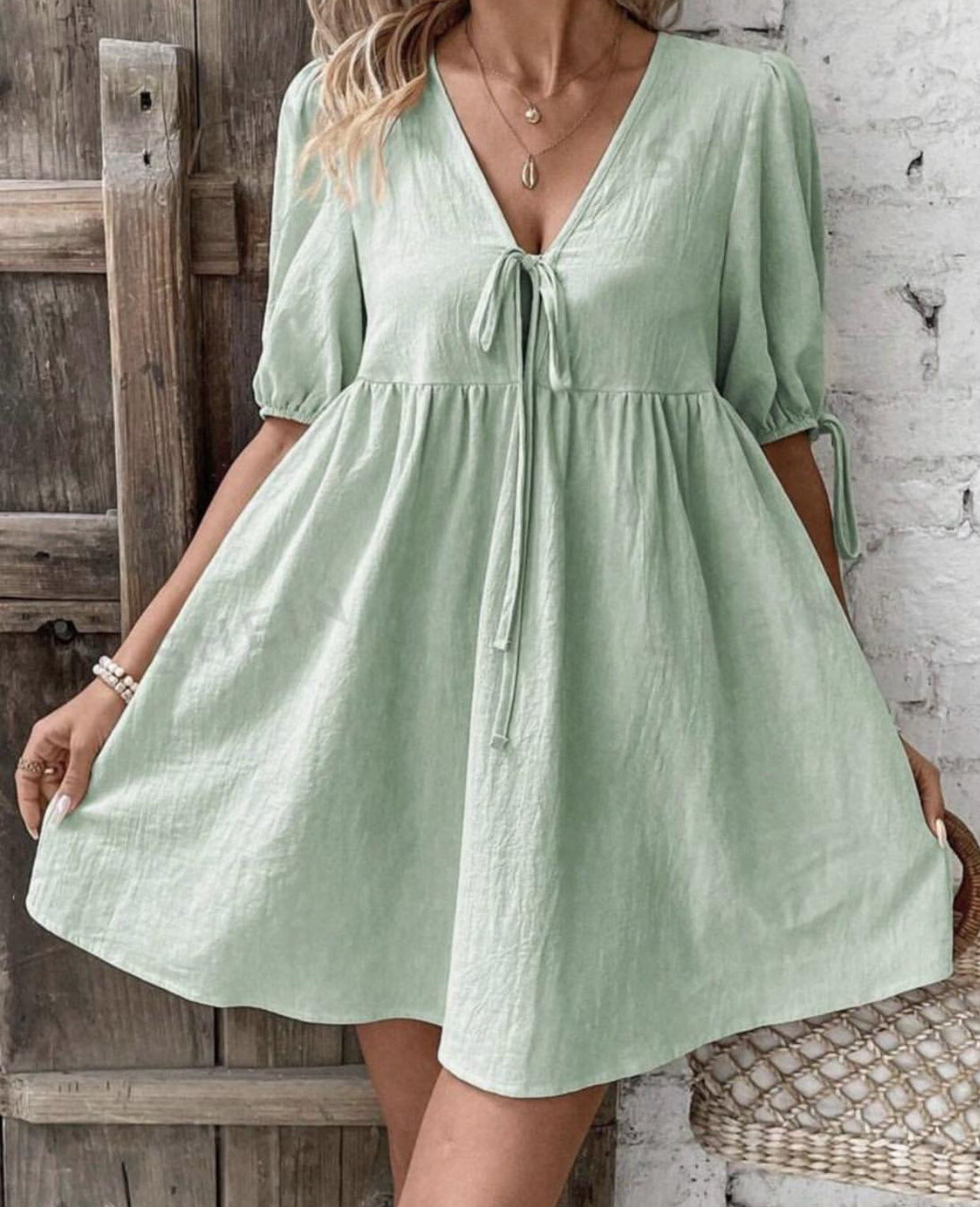 Deep V-neck Design Chest Lace-up A- Line Dress