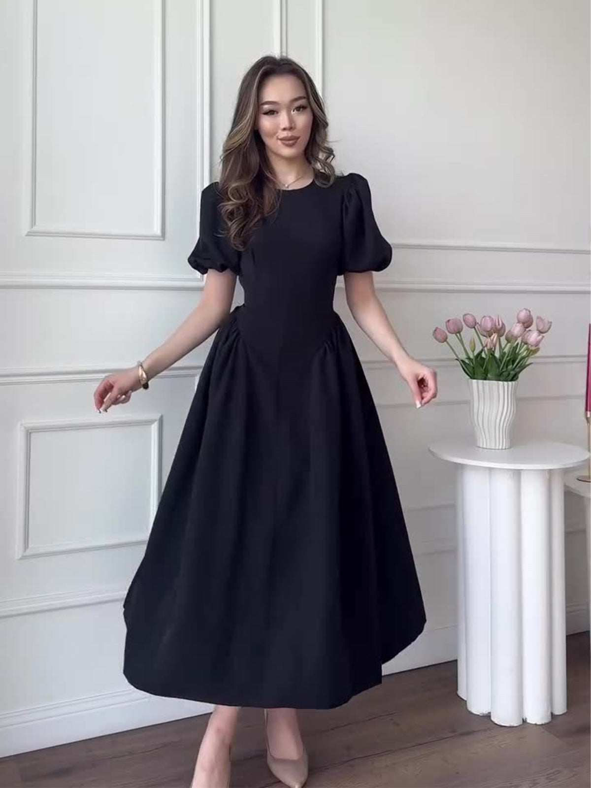 Retro Short Sleeve Puff Sleeve Dress