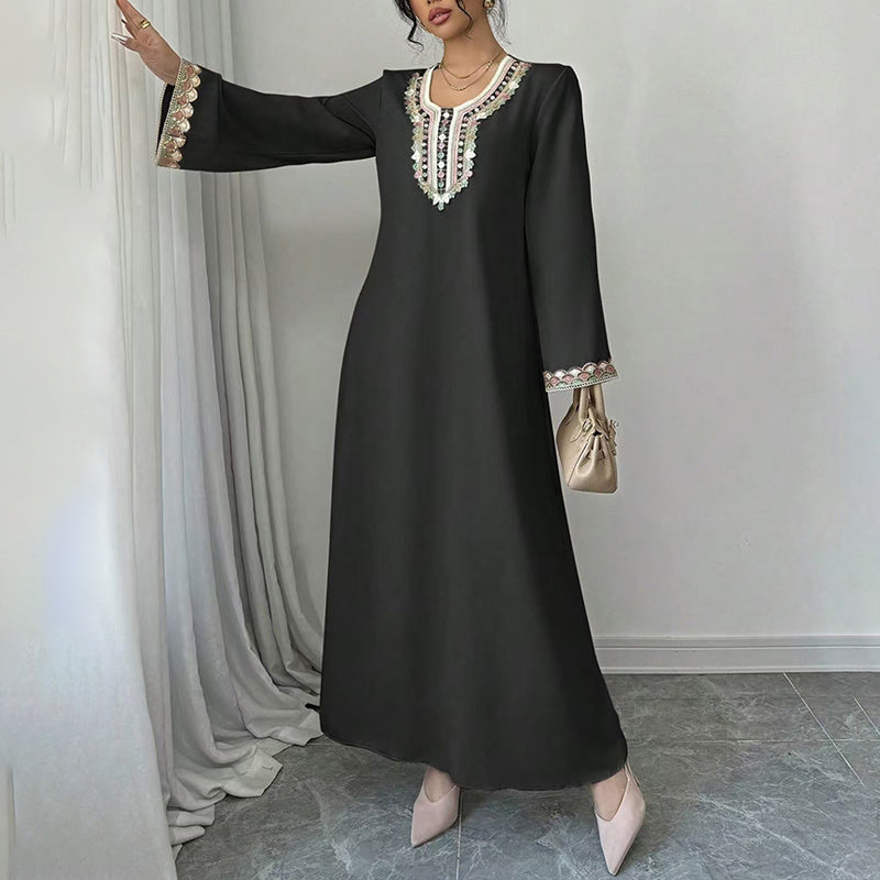 Women's Middle Eastern Embroidered Maxi Dress - Round Neck Long Sleeve Flowy Kaftan With Exquisite Embroidery, Loose Fit