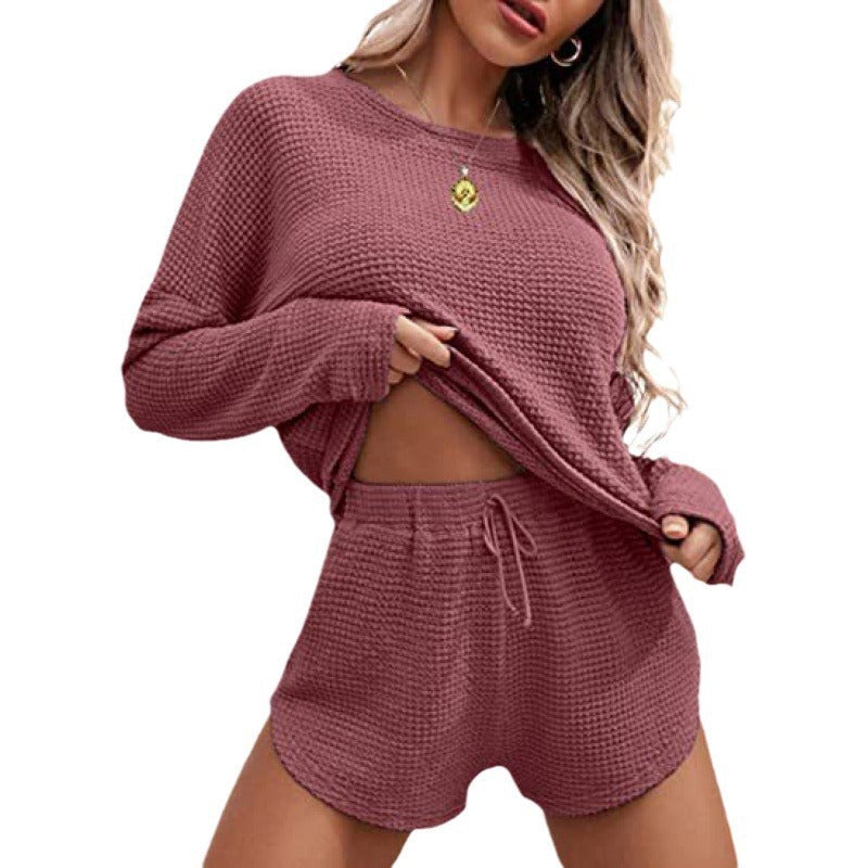 Women's Waffle Knit Pajamas Suit Long Sleeve Top And Shorts