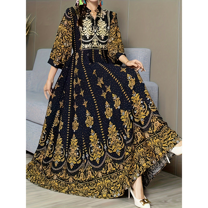 Women's Boho V Neck Maxi Dress Elegant 3 4 Sleeve Ethnic Floral Print Swing Dress