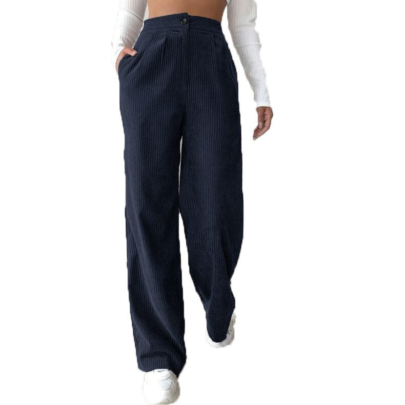 Women's High Waist Casual Pants Solid Color Corduroy Baggy Straight Trousers