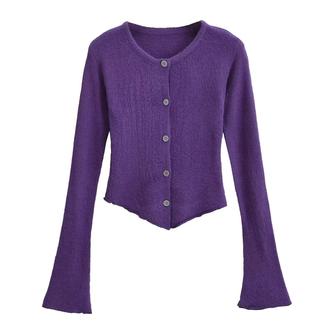 Women's Round Neck Single-breasted Bell-sleeve Sweater