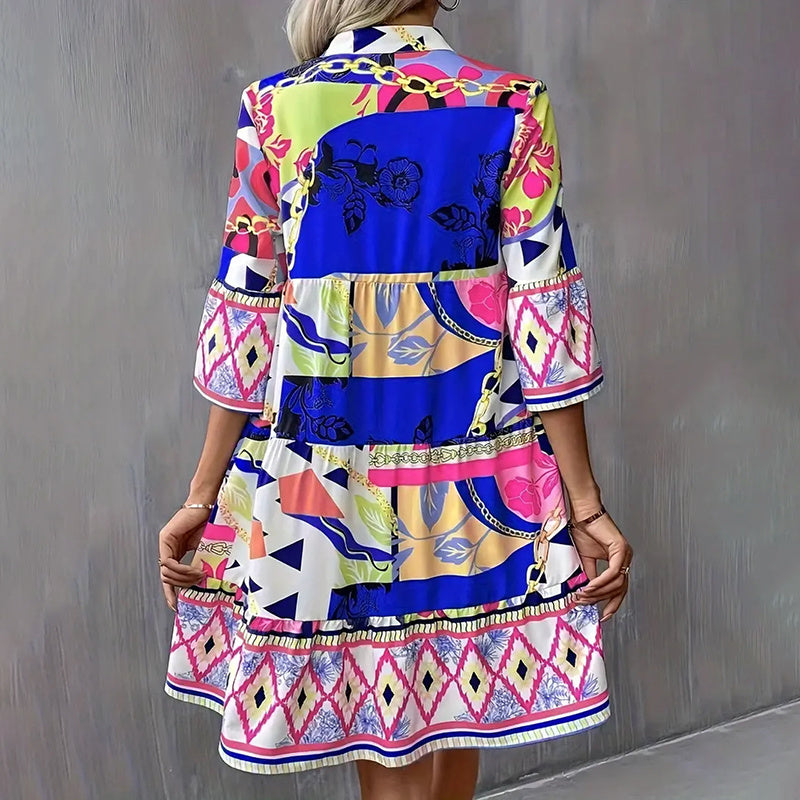 Womens Mini Dress Casual V-Neck Printed Flared Sleeve Pleated Short Beach Dresses