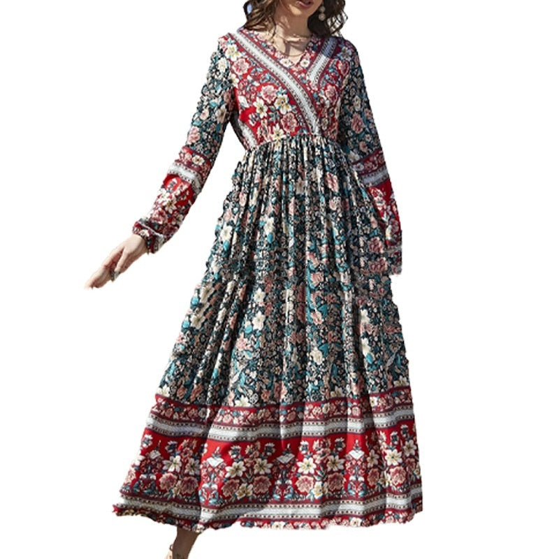 Rayon Long Sleeve Bohemian Dress Vacation Beach Large Swing Dress