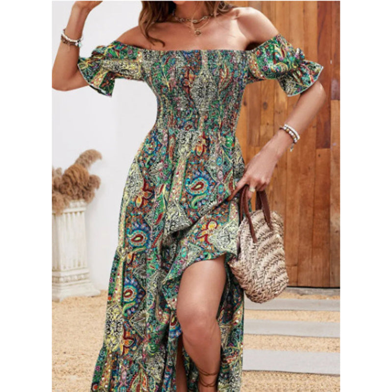 Women's Off The Shoulder Dresses Boho Flowy Smocked Maxi Sundress Beach Vacation Summer Dress