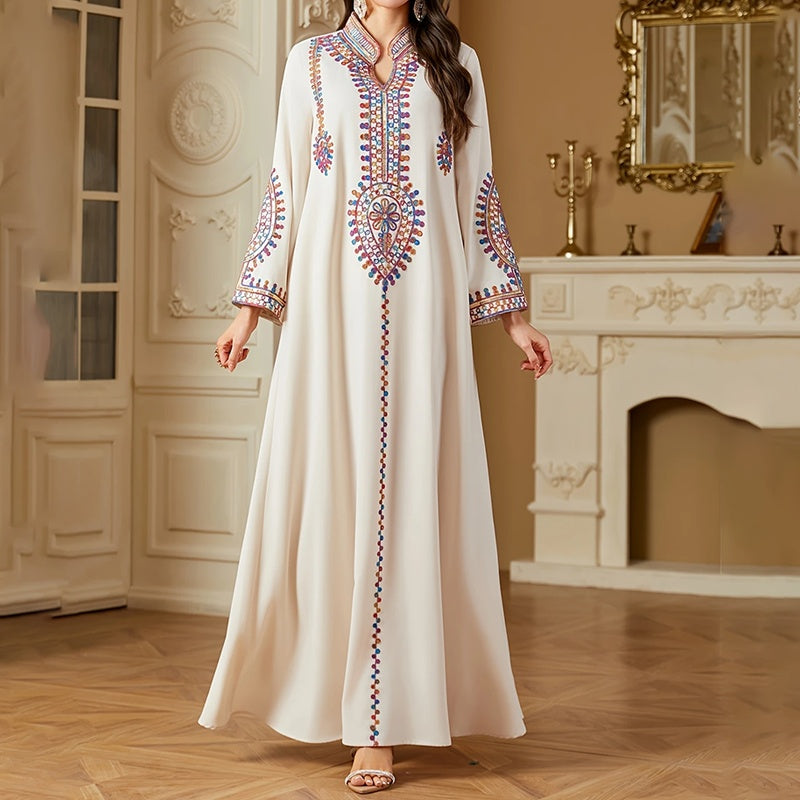 Elegant Women's Long Sleeve Floor-Length Dress - Stand Collar With Geometric Print & Sequins Detail Dress For Casual&Party Wear