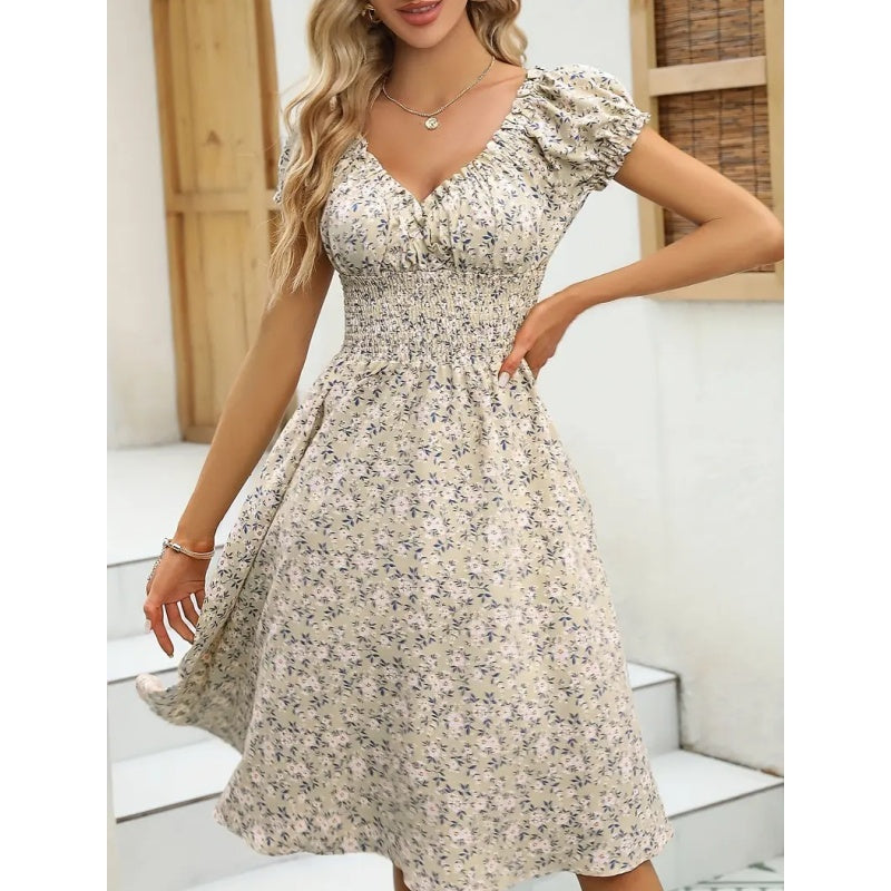 Women's Floral Summer Dress Casual Short Sleeve Ruffle Flowy Midi Sundress Boho Beach Vacation Dress