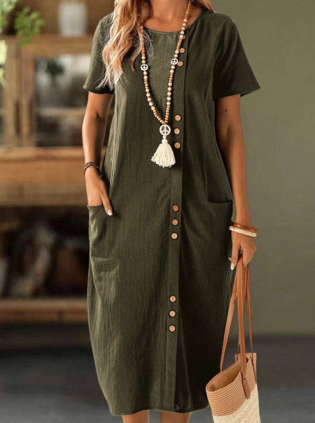 Women's Solid Color Button Front Short Sleeve Pocket Casual Dress
