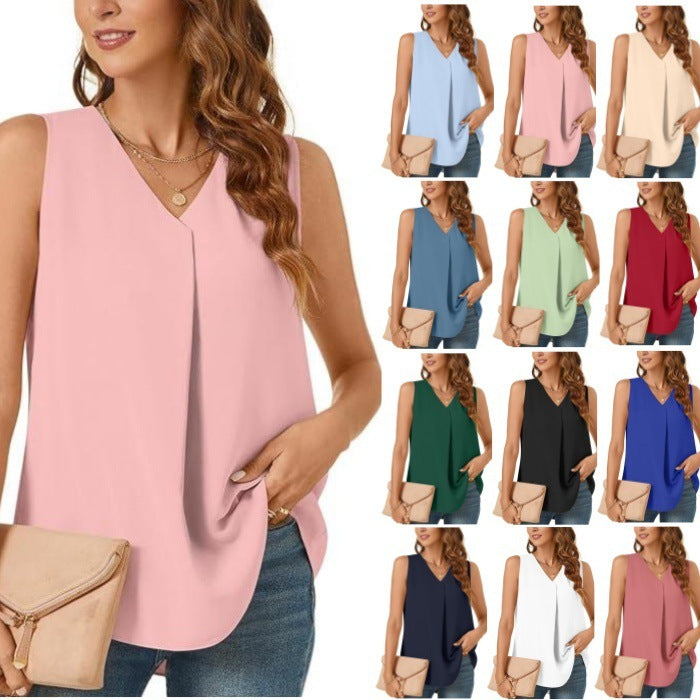 Summer New Women's Loose Shirt Solid Color Top T-shirt Chiffon Tank Top
