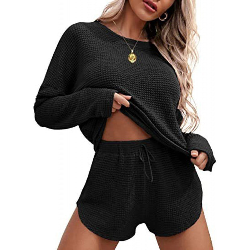 Women's Waffle Knit Pajamas Suit Long Sleeve Top And Shorts