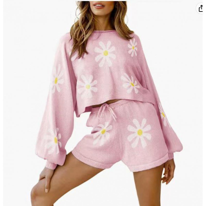 Women's Waffle Knit Pajamas Suit Long Sleeve Top And Shorts