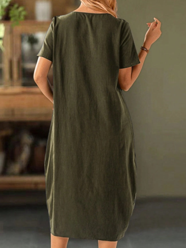 Women's Solid Color Button Front Short Sleeve Pocket Casual Dress