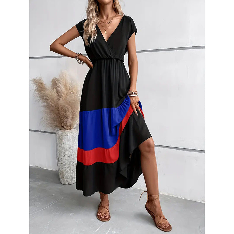 Women's Color Block Maxi Dresses V Neck Sleeveless Tiered Casual Dresses Loose Sundress