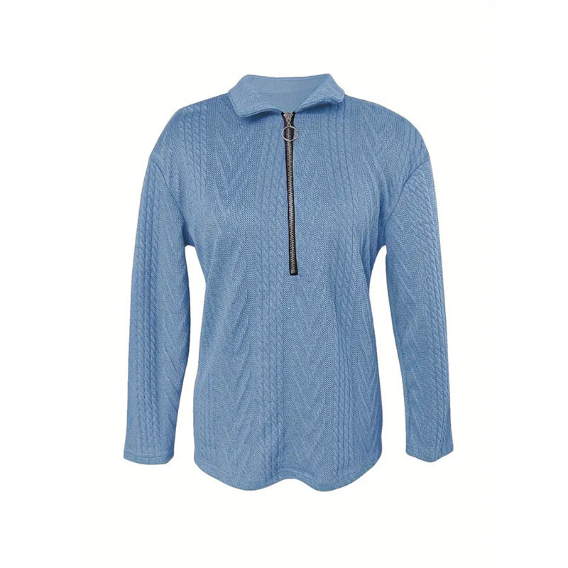 Women's Solid Color Textured Zip-Up Collared Long Sleeve Top - Casual Fall&Spring Blouse With Stretchy Comfort Fit