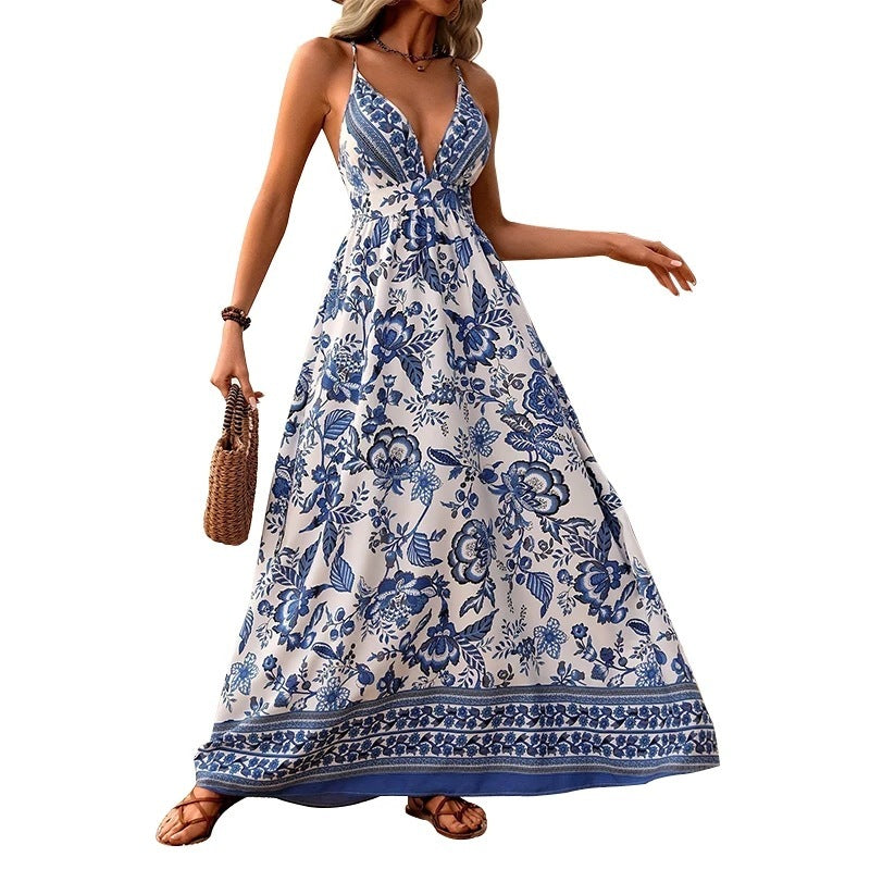 Women's V-Neck Strappy Floral Print Backless Maxi Dress, A-Line Summer Vacation Dress
