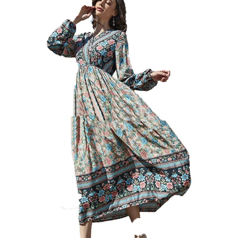 Rayon Long Sleeve Bohemian Dress Vacation Beach Large Swing Dress
