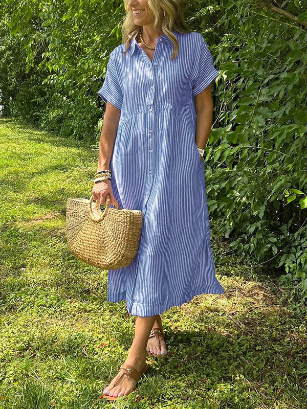 Loose Striped Short Sleeve Casual Cotton And Linen Dress