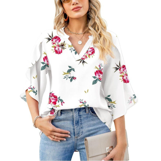 Summer And Autumn New Women's Top Loose V-neck Petal Sleeve Chiffon Printed Women's Shirt